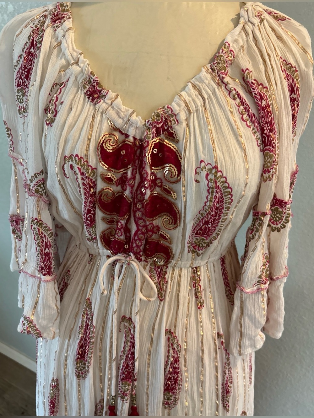Boho Cream & Red Embroidered Peasant Top